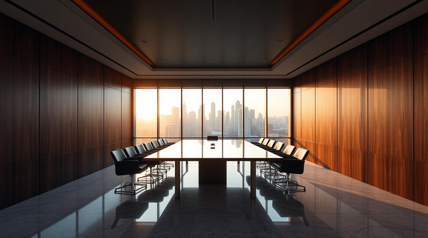 Sala de juntas de despacho financiero con vista a la Ciudad de México